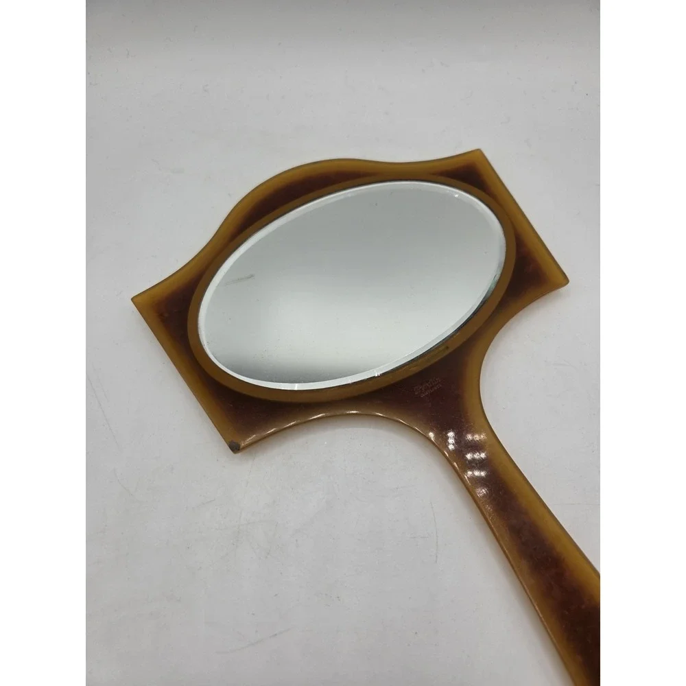 Pyralin Mayflower VTG Hand Held Amber Mirror Art Deco Beveled Ornate Celluloid